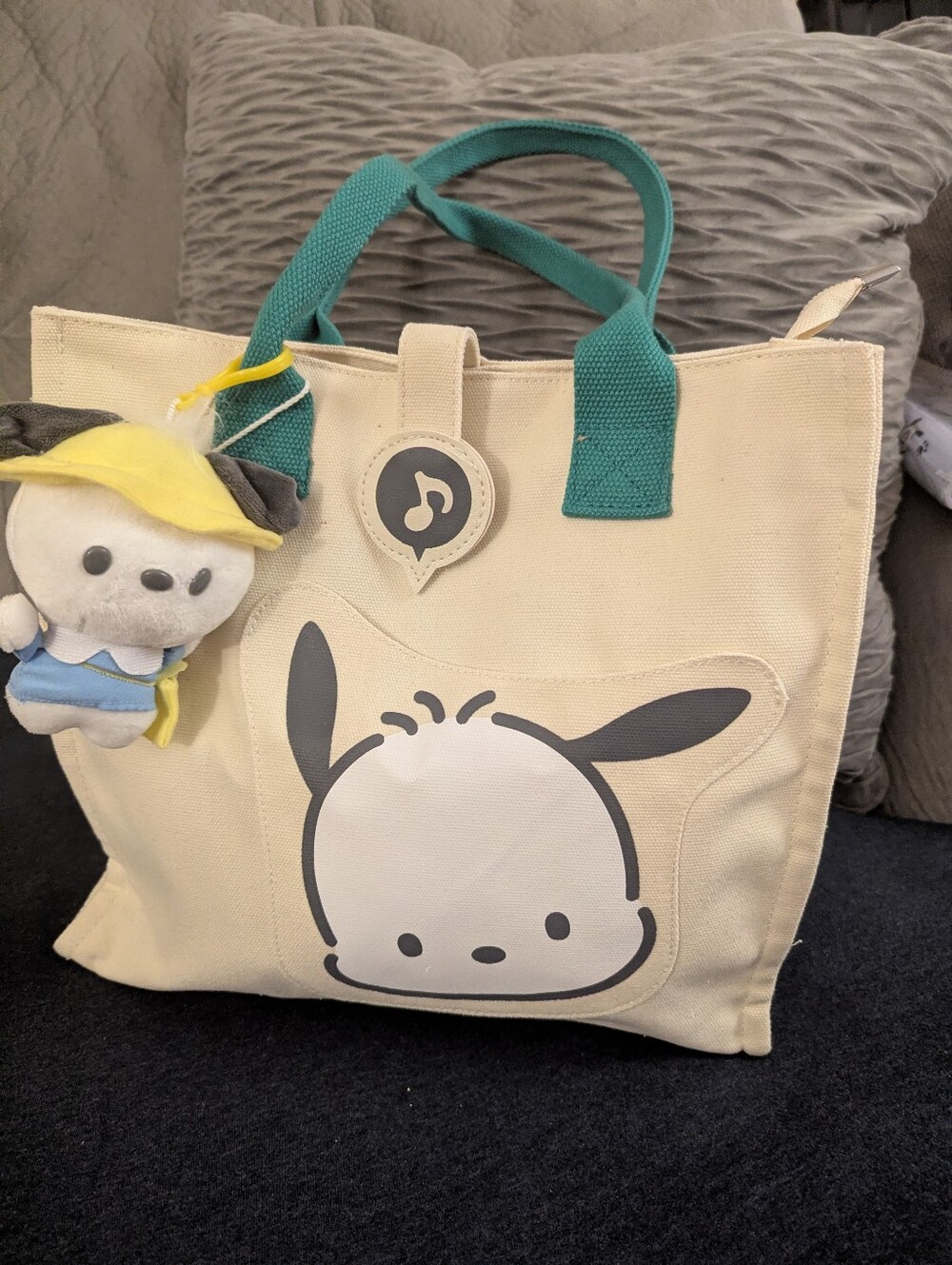 Pochaco Inspired Canvas Tote Bag with Teal Handles  And Plush Keychain